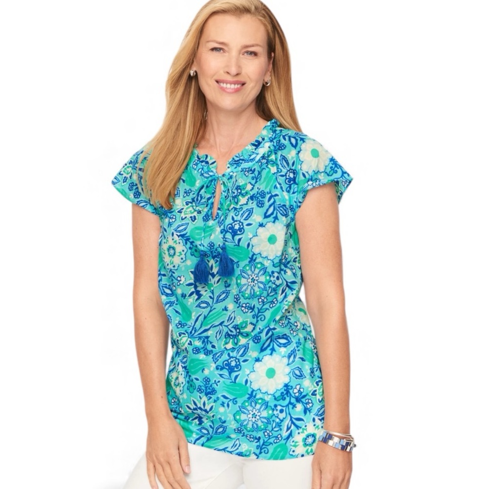 NWT Talbots Blue White 100% Cotton cap sleeve Floral v-neck Top Sz Petite Large